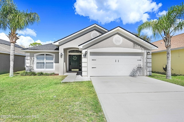 ranch-style home with concrete driveway, an attached garage, a front lawn, and stucco siding