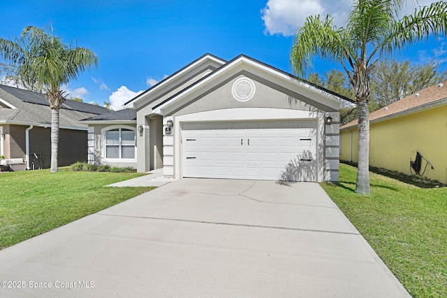 ranch-style home with an attached garage, stucco siding, driveway, and a front yard