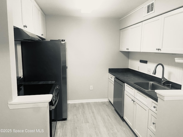 kitchen with visible vents, white cabinets, a sink, ventilation hood, and dishwasher