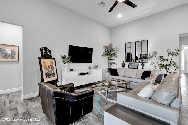 3465 Diamond Leaf Dr, Vero Beach, FL 32966 - living room with recessed lighting, visible vents, light wood-style floors, a ceiling fan, and baseboards