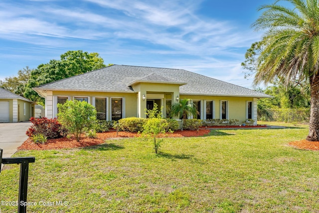 view of front of property with a front lawn, a garage, roof with shingles, and stucco siding