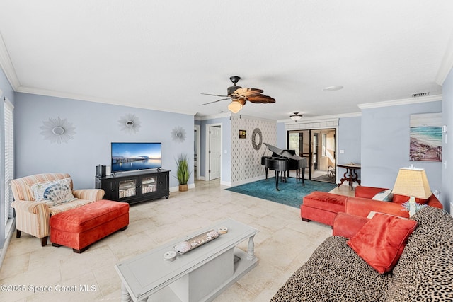 living room featuring a ceiling fan, visible vents, baseboards, french doors, and crown molding