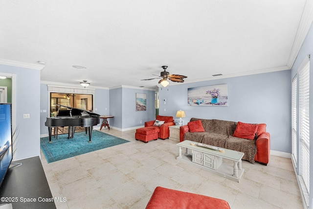 living room featuring visible vents, baseboards, ornamental molding, and a ceiling fan