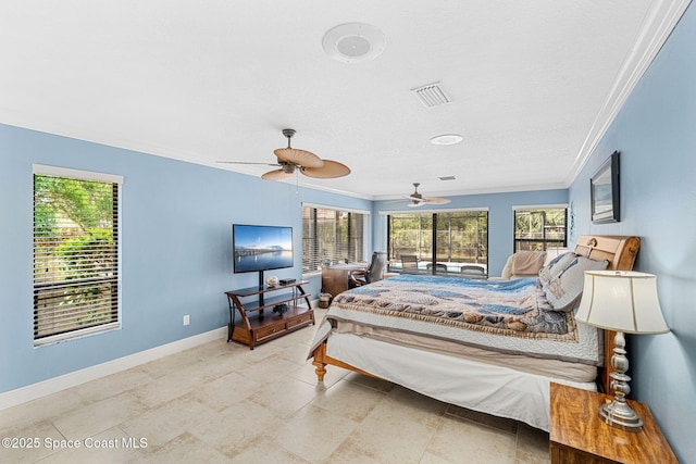 bedroom featuring a ceiling fan, baseboards, visible vents, and ornamental molding