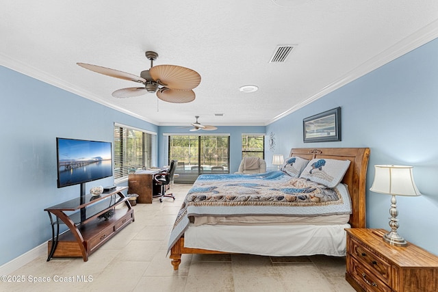 bedroom with light tile patterned floors, a ceiling fan, baseboards, visible vents, and ornamental molding