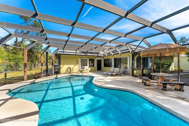 outdoor pool with a patio and a lanai