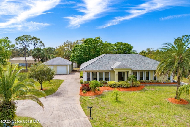 ranch-style house featuring a front yard, driveway, roof with shingles, an outdoor structure, and a garage