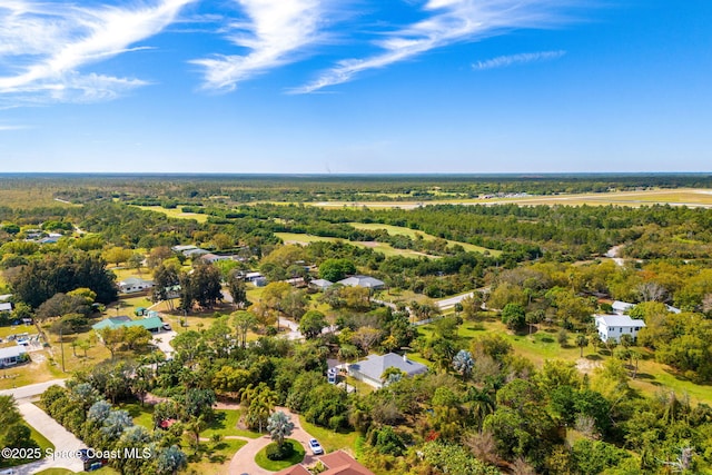 drone / aerial view with a wooded view