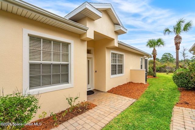 doorway to property with a yard and stucco siding