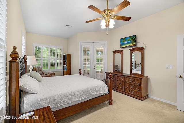 bedroom featuring french doors, light colored carpet, visible vents, access to outside, and baseboards