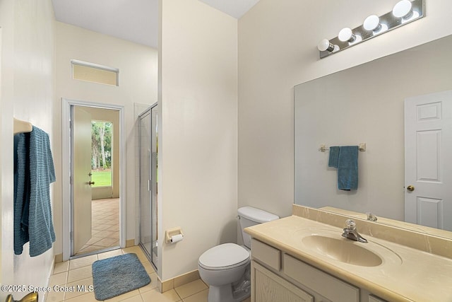 full bath with vanity, a shower stall, toilet, and tile patterned floors