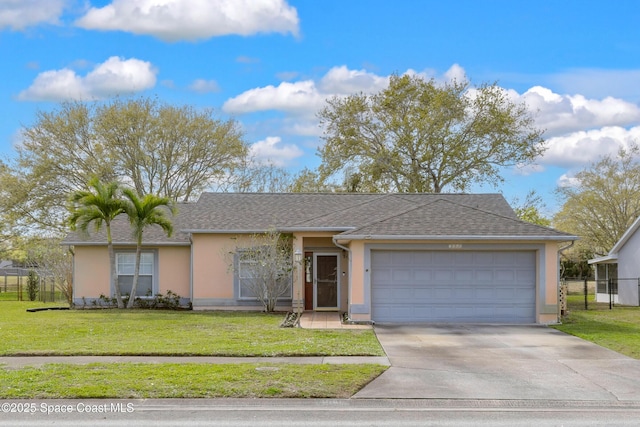 ranch-style house with roof with shingles, stucco siding, concrete driveway, an attached garage, and a front yard