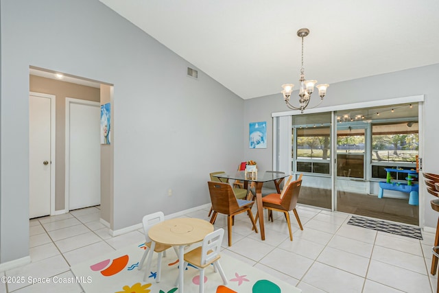 dining space featuring baseboards, visible vents, vaulted ceiling, a notable chandelier, and light tile patterned flooring