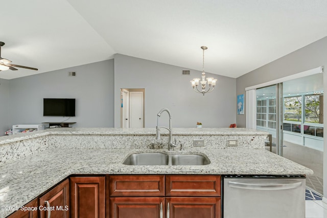 kitchen featuring a sink, visible vents, stainless steel dishwasher, and lofted ceiling