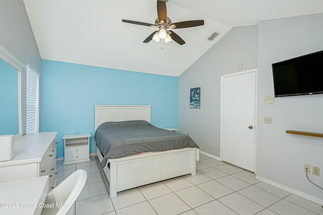 bedroom featuring lofted ceiling, visible vents, ceiling fan, and light tile patterned floors