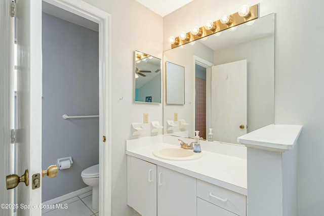 bathroom with vanity, tile patterned flooring, and toilet