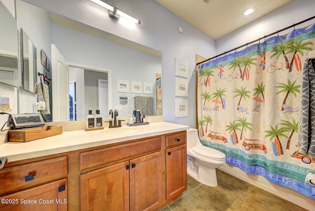 full bathroom with toilet, tile patterned flooring, shower / bathtub combination with curtain, and vanity