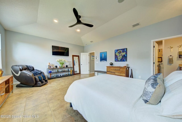 bedroom with light tile patterned floors, recessed lighting, visible vents, a ceiling fan, and vaulted ceiling