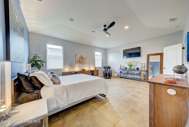 bedroom with recessed lighting, visible vents, ceiling fan, and light tile patterned flooring