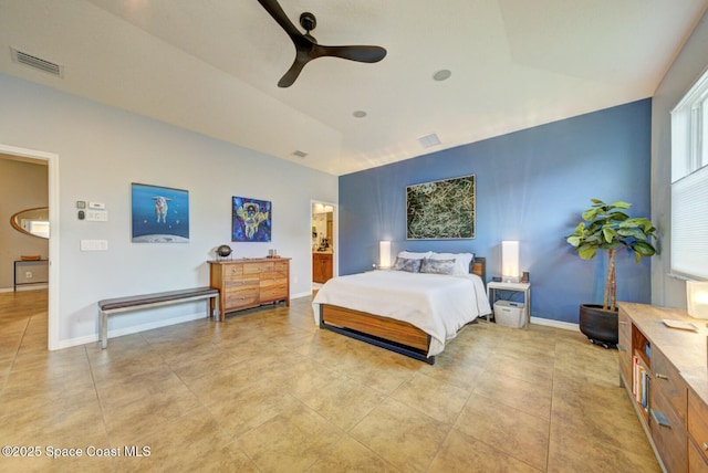 bedroom featuring ceiling fan, visible vents, and baseboards