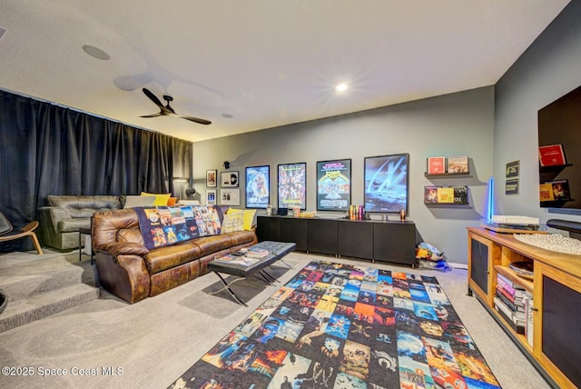 carpeted home theater room featuring recessed lighting and ceiling fan