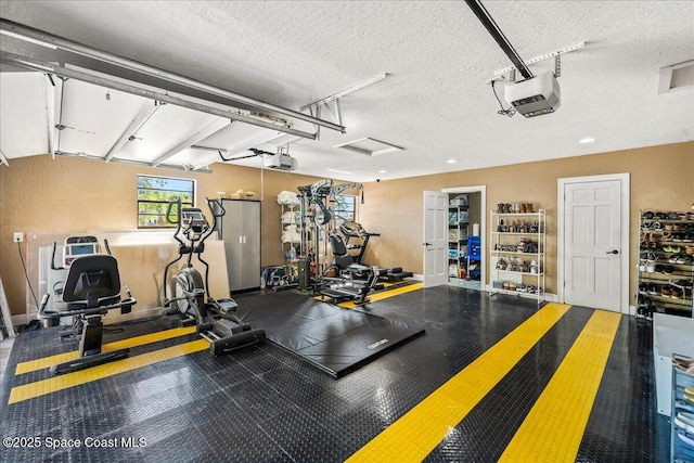 gym with a textured ceiling and a garage