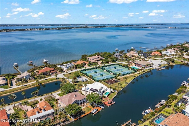 aerial view featuring a residential view and a water view