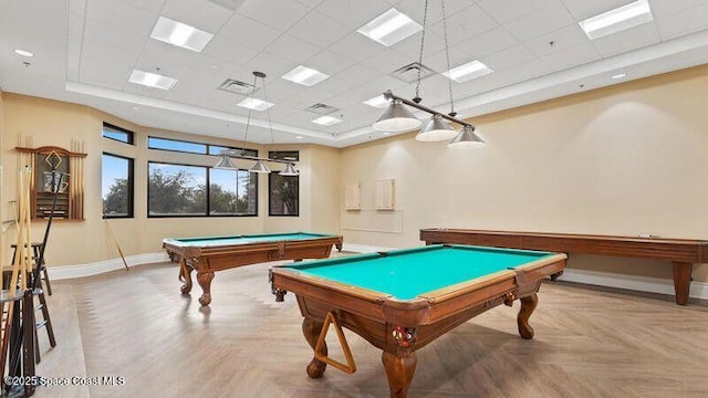 playroom featuring a paneled ceiling, baseboards, billiards, and visible vents