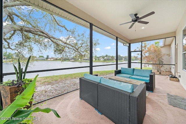 530 Carmel Dr, Melbourne, FL 32940 - sunroom / solarium featuring outdoor lounge area, a ceiling fan, and a water view