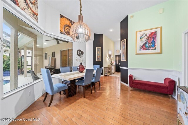530 Carmel Dr, Melbourne, FL 32940 - dining area featuring recessed lighting, a wainscoted wall, and a ceiling fan