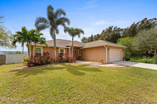 ranch-style house with stucco siding, concrete driveway, fence, a garage, and a front lawn