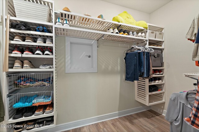 walk in closet with wood finished floors