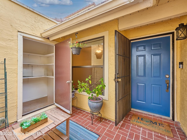 view of exterior entry with stucco siding