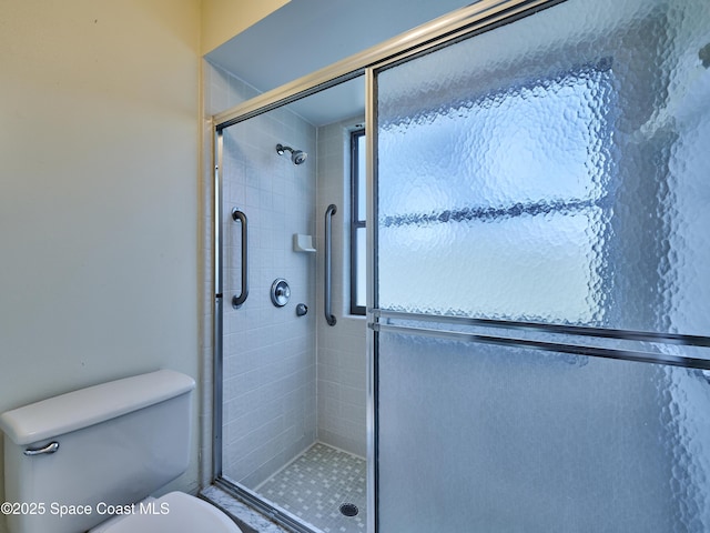 bathroom with a stall shower and toilet