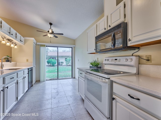 kitchen with electric range, stainless steel dishwasher, white cabinets, a sink, and black microwave