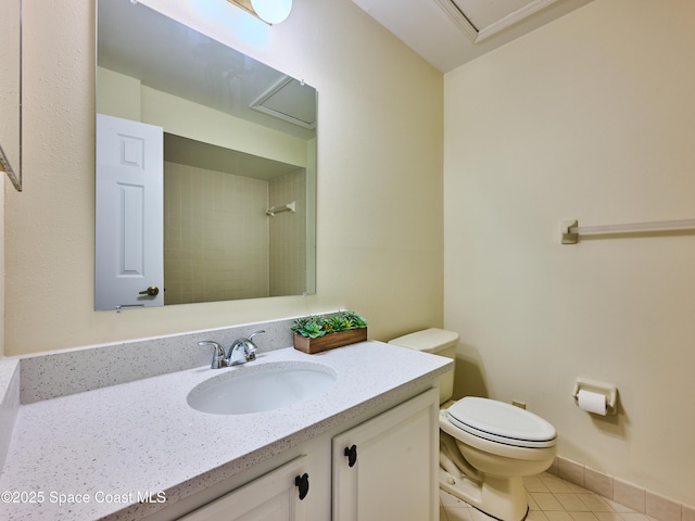 full bathroom featuring baseboards, a shower, toilet, tile patterned floors, and vanity