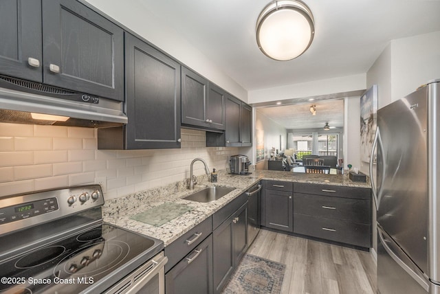 kitchen with under cabinet range hood, a sink, appliances with stainless steel finishes, light wood-type flooring, and decorative backsplash