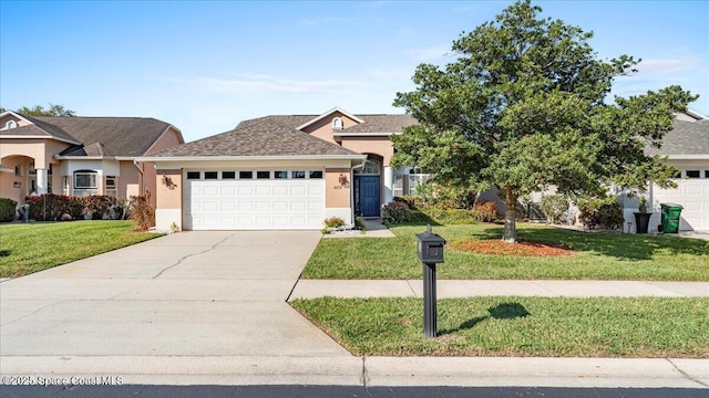 view of front of house with a front yard, concrete driveway, an attached garage, and stucco siding