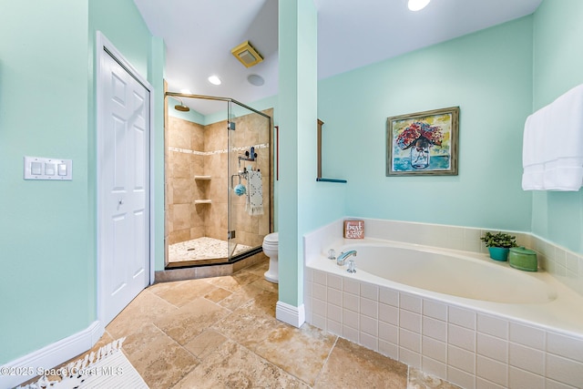 full bath with toilet, a stall shower, recessed lighting, baseboards, and a bath