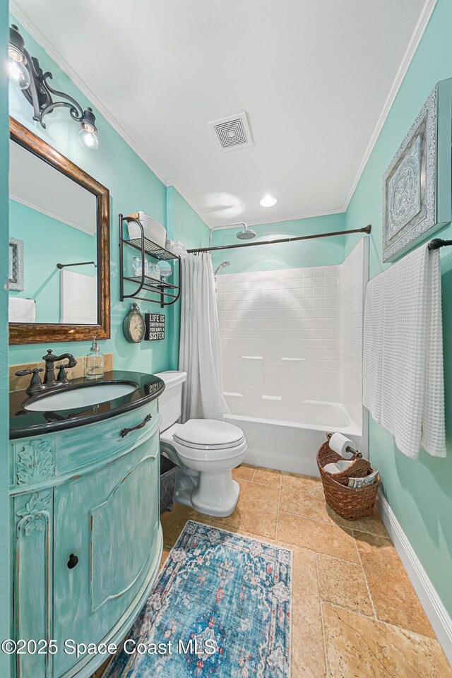 bathroom featuring visible vents, toilet, ornamental molding, vanity, and shower / bathtub combination with curtain