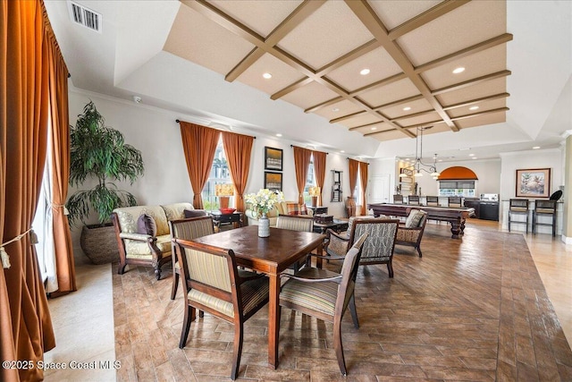dining space featuring visible vents, recessed lighting, beam ceiling, and coffered ceiling