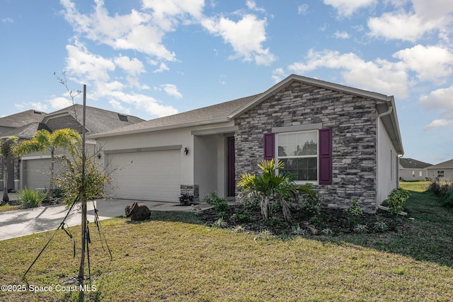 view of front of house with a garage, driveway, stone siding, stucco siding, and a front yard