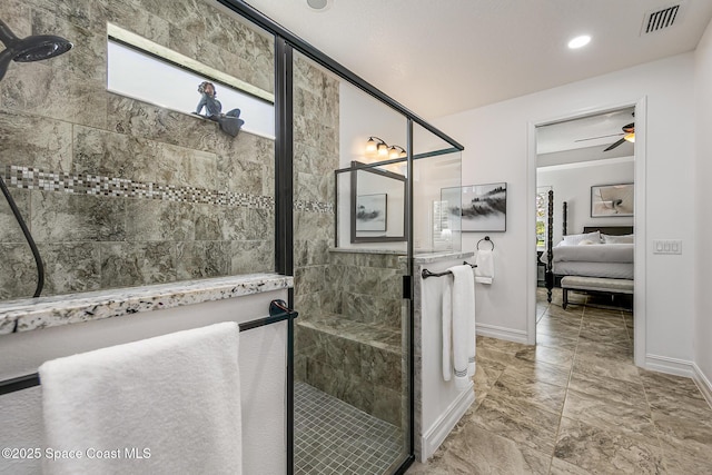 full bath featuring a ceiling fan, baseboards, visible vents, ensuite bathroom, and walk in shower