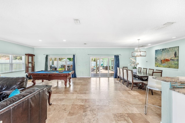 303 Harrison Ave, Cape Canaveral, FL 32920 - playroom featuring visible vents, ornamental molding, recessed lighting, french doors, and pool table