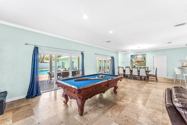 303 Harrison Ave, Cape Canaveral, FL 32920 - game room with visible vents, french doors, pool table, crown molding, and baseboards