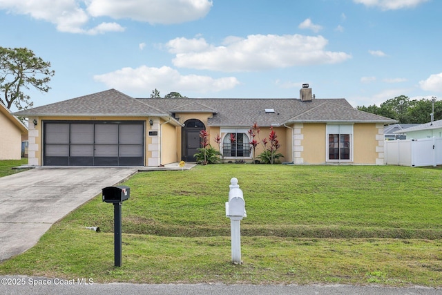 view of front of property with stucco siding, concrete driveway, fence, a garage, and a front lawn