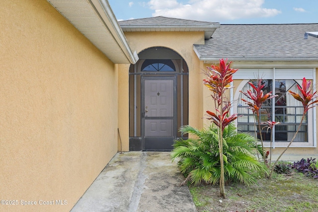 view of exterior entry with a shingled roof and stucco siding