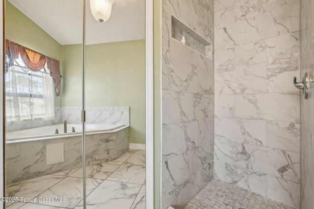 full bath with marble finish floor, a garden tub, and a marble finish shower