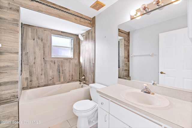 bathroom featuring tile patterned flooring, toilet, vanity, visible vents, and tub / shower combination