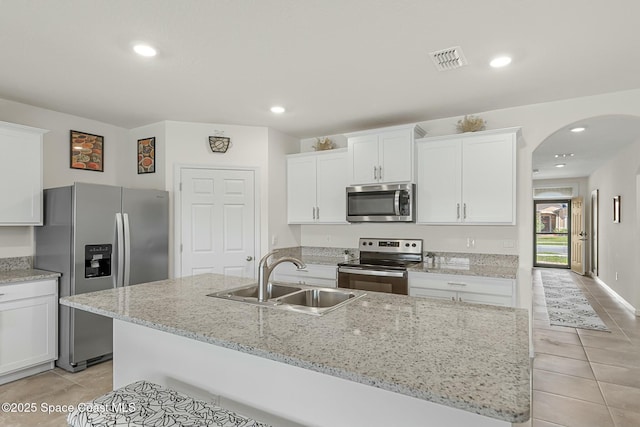 kitchen with white cabinetry, visible vents, appliances with stainless steel finishes, and a sink